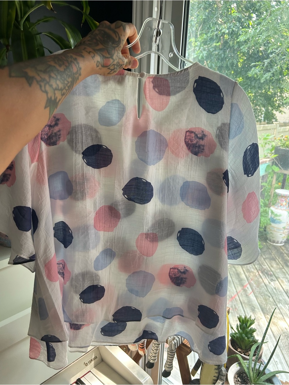 Red Coral Womens Small White Pink Blue Polka Dot Layered Blouse Boho Artsy Top - Picture 9 of 16